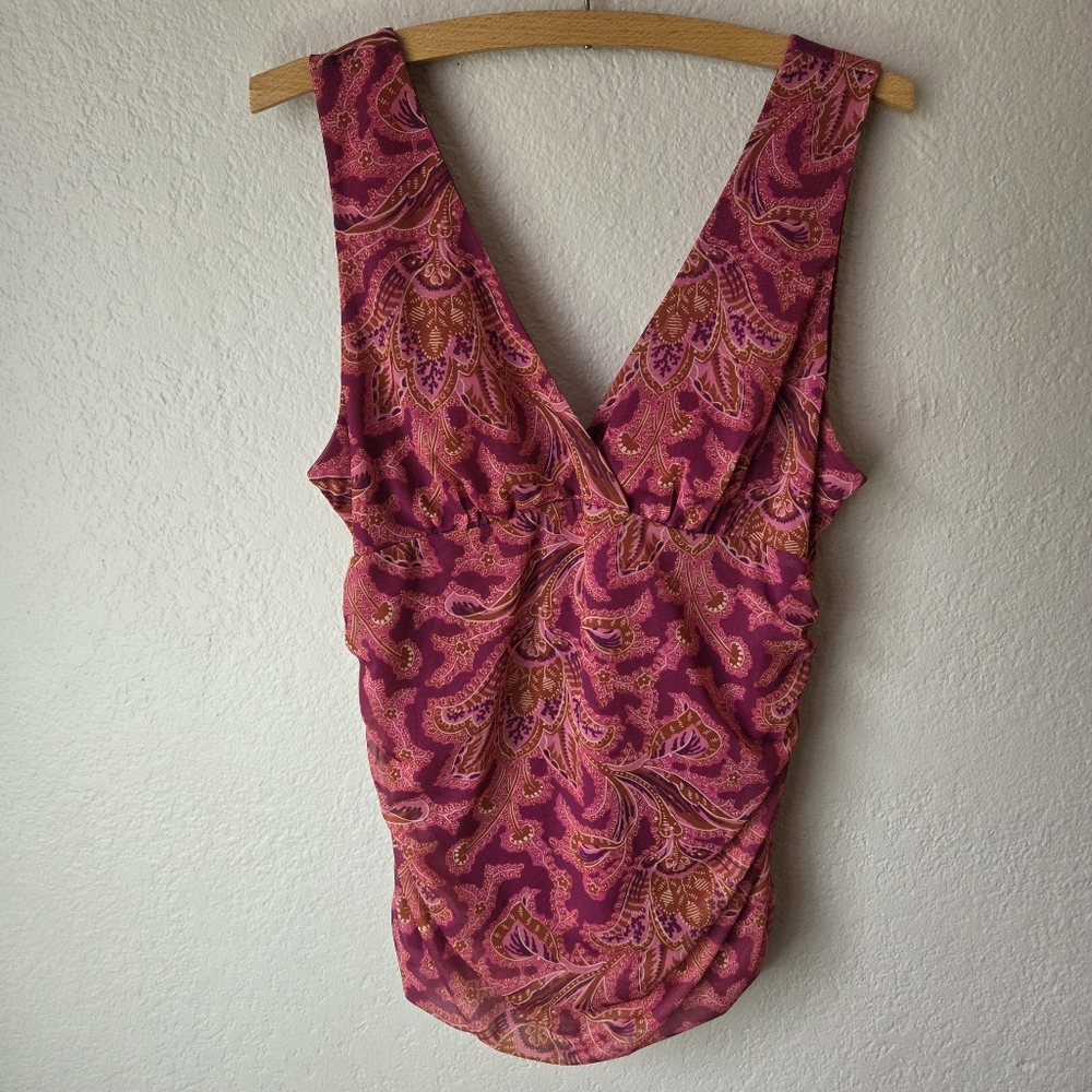Anthropologie Double V Mesh Sz L Ruched Sleeveless Tank Top Blouse Pink